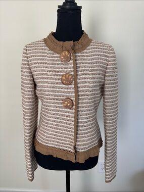 Lanvin Womens Beige & Cream Striped Tweed Jacket Blazer 38
